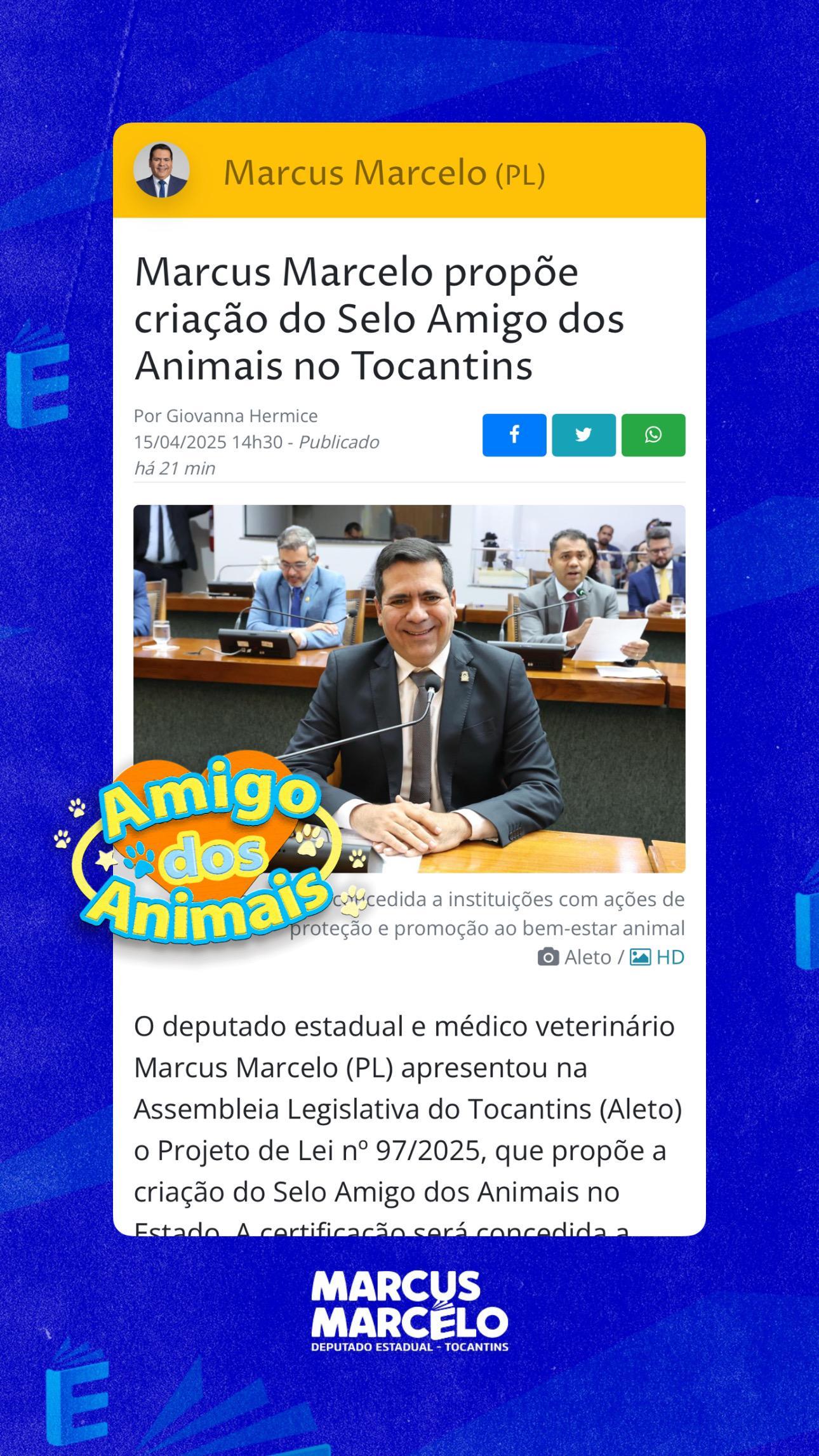 Marcus Marcelo propõe a criação do Selo Amigo dos Animais no Tocantins