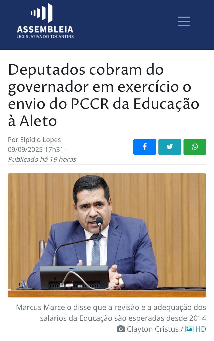 Marcus Marcelo (PL) solicita que o governador em exercício, Laurez Moreira (PSD), mantenha o compromisso firmado pelo então governador Wanderlei Barbosa (Republicanos) de enviar