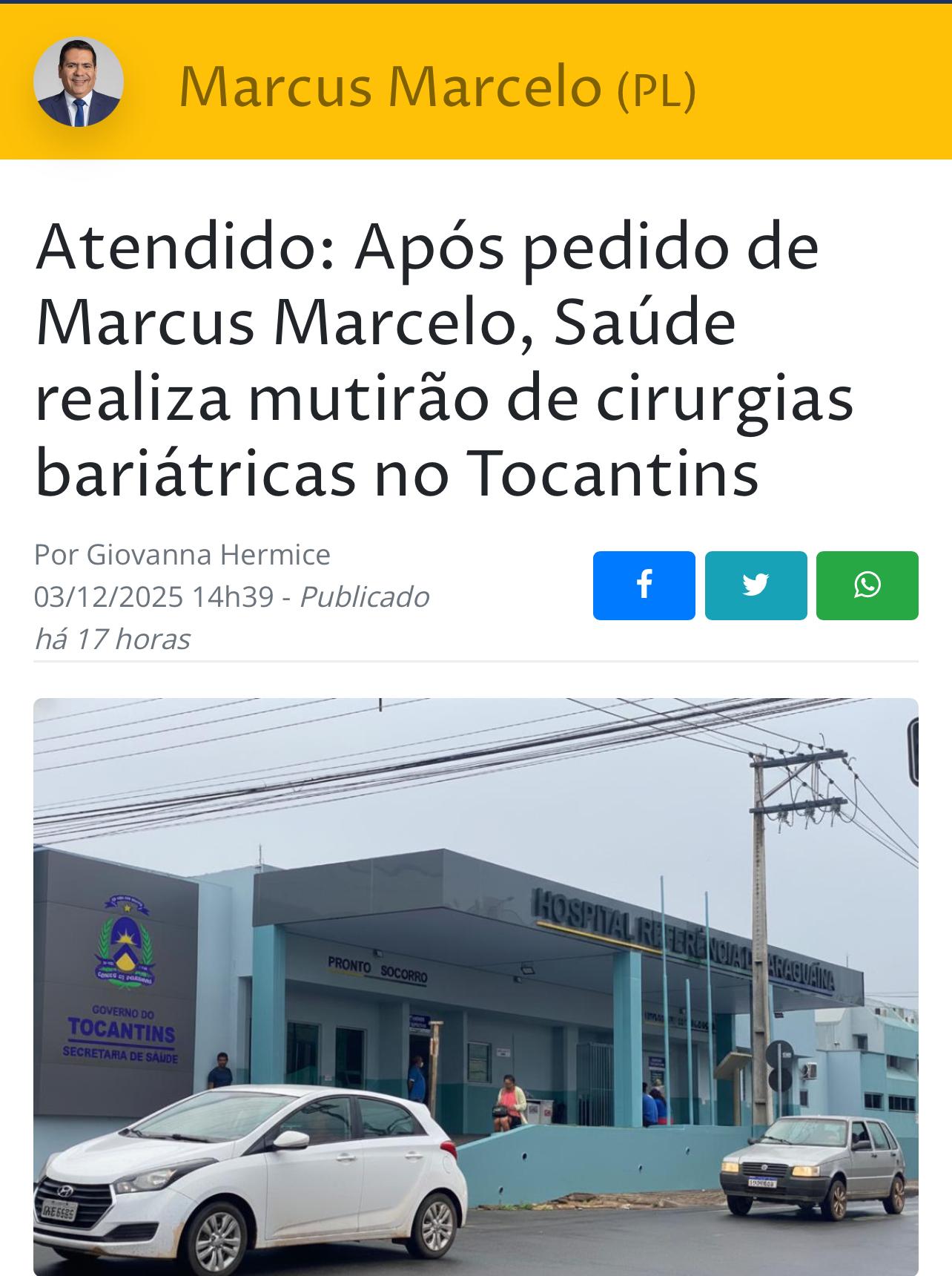 Atendido: Após pedido de Marcus Marcelo, Saúde realiza mutirão de cirurgias bariátricas no Tocantins